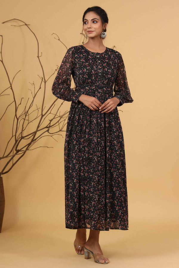 Juniper Women Navy Chiffon Printed Flared Dress - Distacart