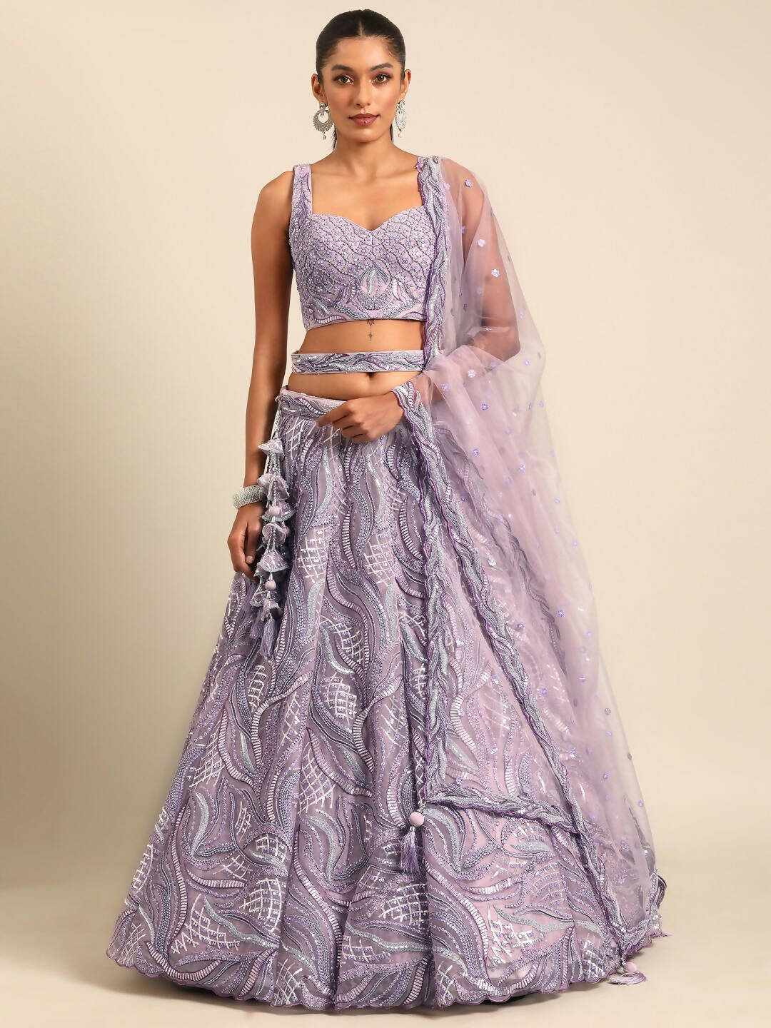 House of Panchhi Lavender Net Sequins and Zarkan embroidery Lehenga choli & Dupatta - Distacart