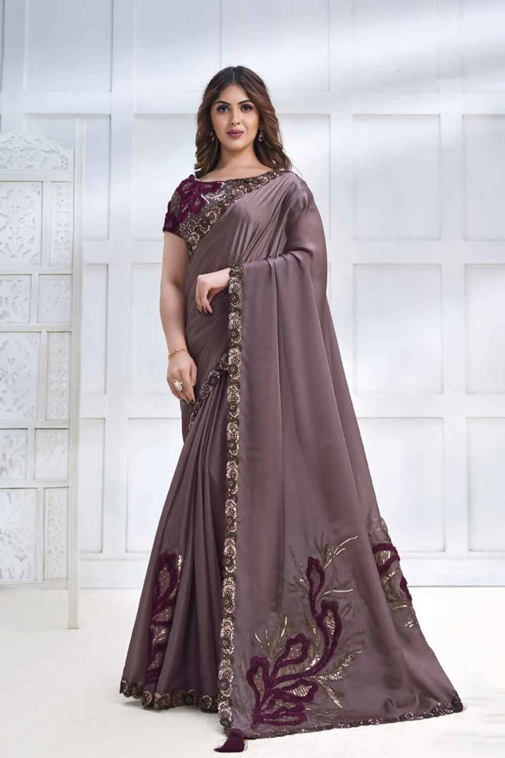 Purple Crepe satin silk Applique work with Cord, Sequence Embroidered & Stone Work Saree - Mohmanthan Majestica - Distacart