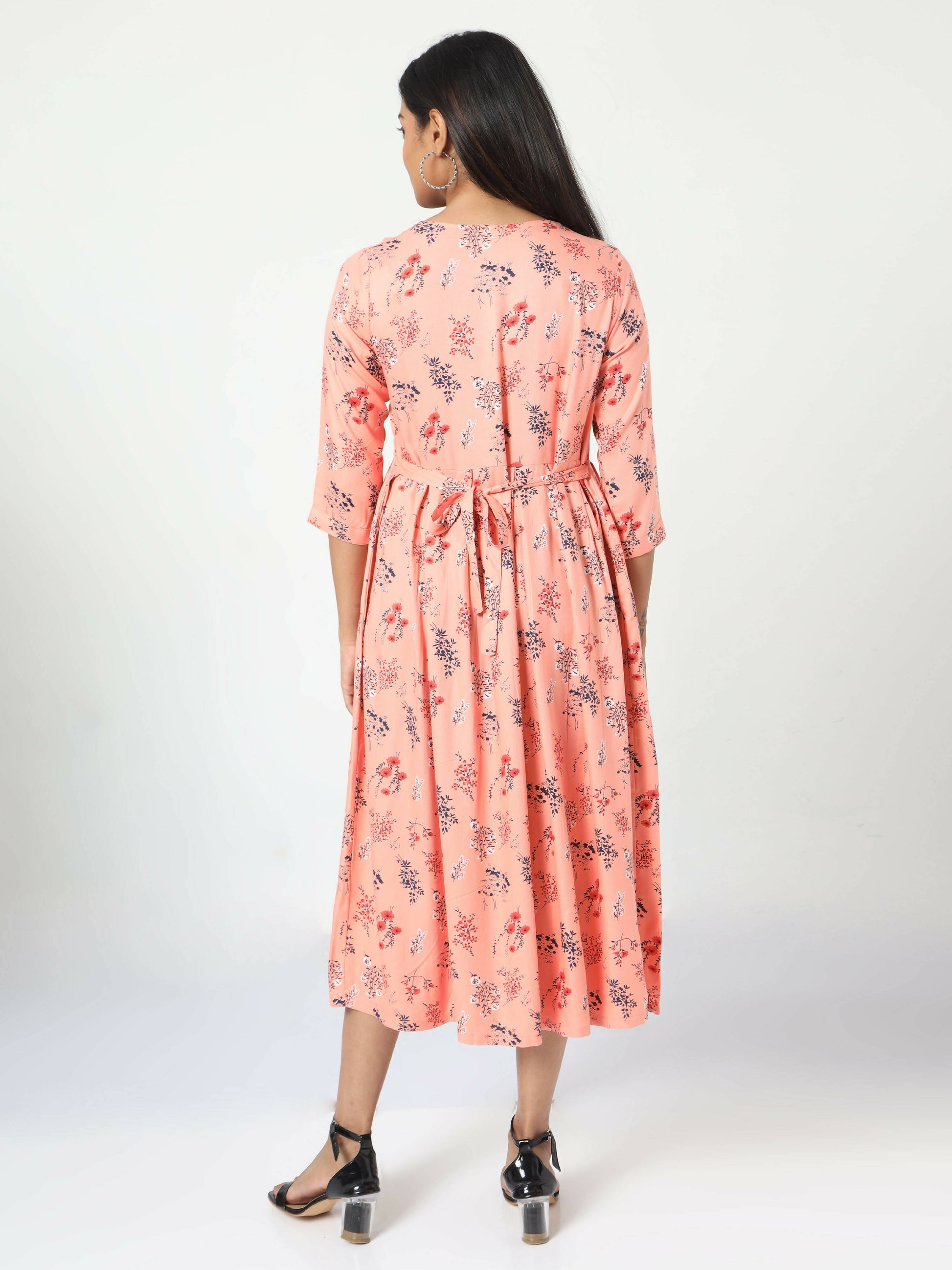 Manet Three Fourth Maternity Dress Floral Print With Concealed Zipper Nursing Access - Orange - Distacart