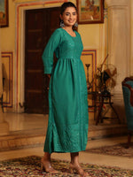 Thumbnail for Juniper Women's Teal Festive Embroiderd Flared Dress - Distacart