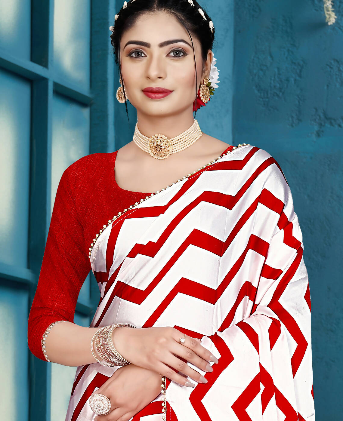 Red Japan Satin Stripe Printed Saree With Unstitched Blouse Piece - Laavanya - Distacart