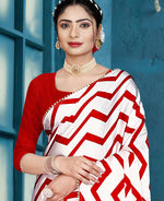 Thumbnail for Red Japan Satin Stripe Printed Saree With Unstitched Blouse Piece - Laavanya - Distacart