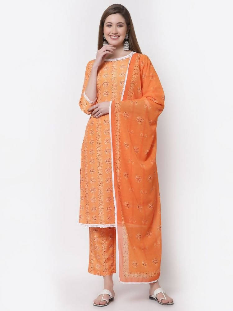 Myshka Mustard Color Cotton Printed Kurta With Pant Dupatta Set