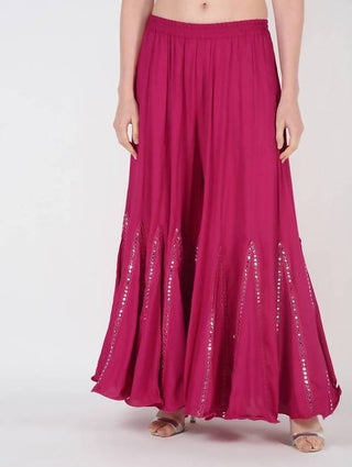 Mominos Fashion Magenta Viscose Rayon Flared Palazzo with Mirror Lace Work - Distacart