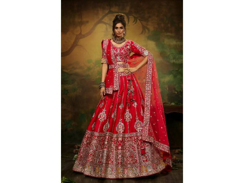 House of Panchhi Red Pure Silk Moti & Zarkan heavy embroidery Lehenga choli & Dupatta - Distacart