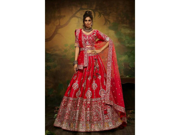 House of Panchhi Red Pure Silk Moti & Zarkan heavy embroidery Lehenga choli & Dupatta - Distacart