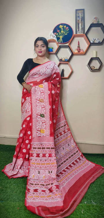 Exclusive Collection Handloom Dhakai Jamdani Saree - Red - Distacart