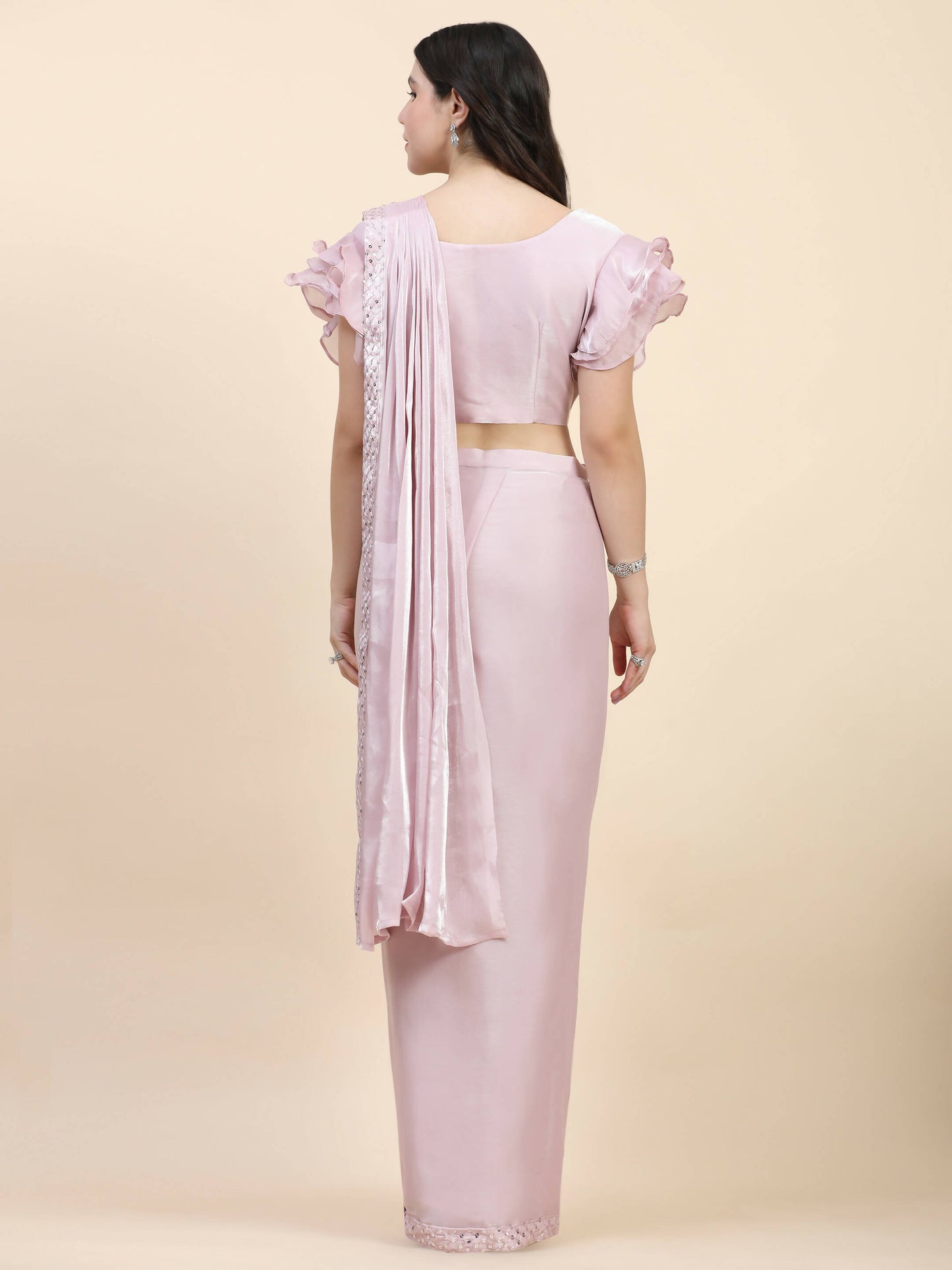 Light Pink Silk Satin Sequence Work Ready to Wear Saree with stitched Blouse - Nirvana - Distacart