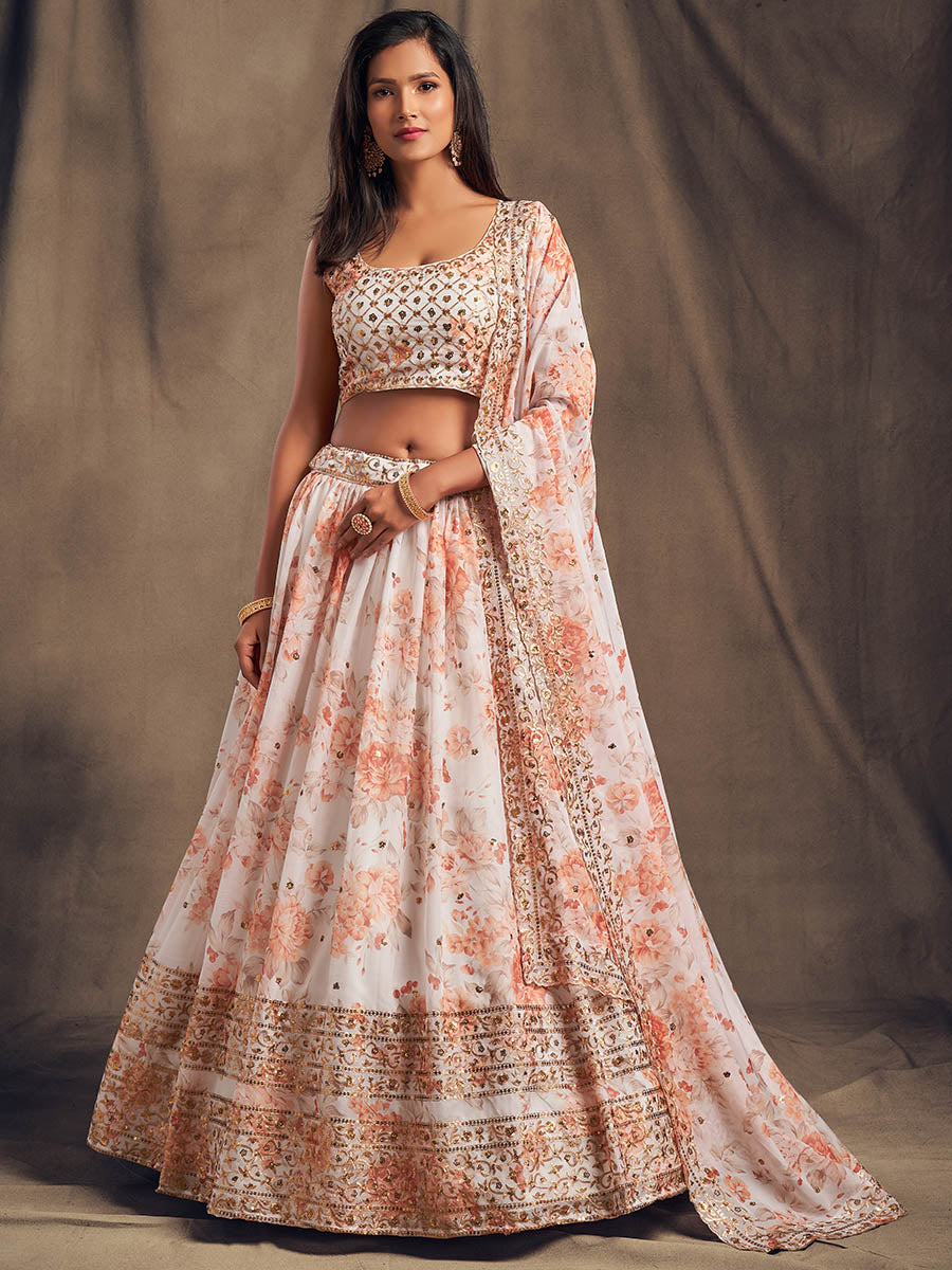 Myra White Organza Silk Embroidered Lehenga - Distacart
