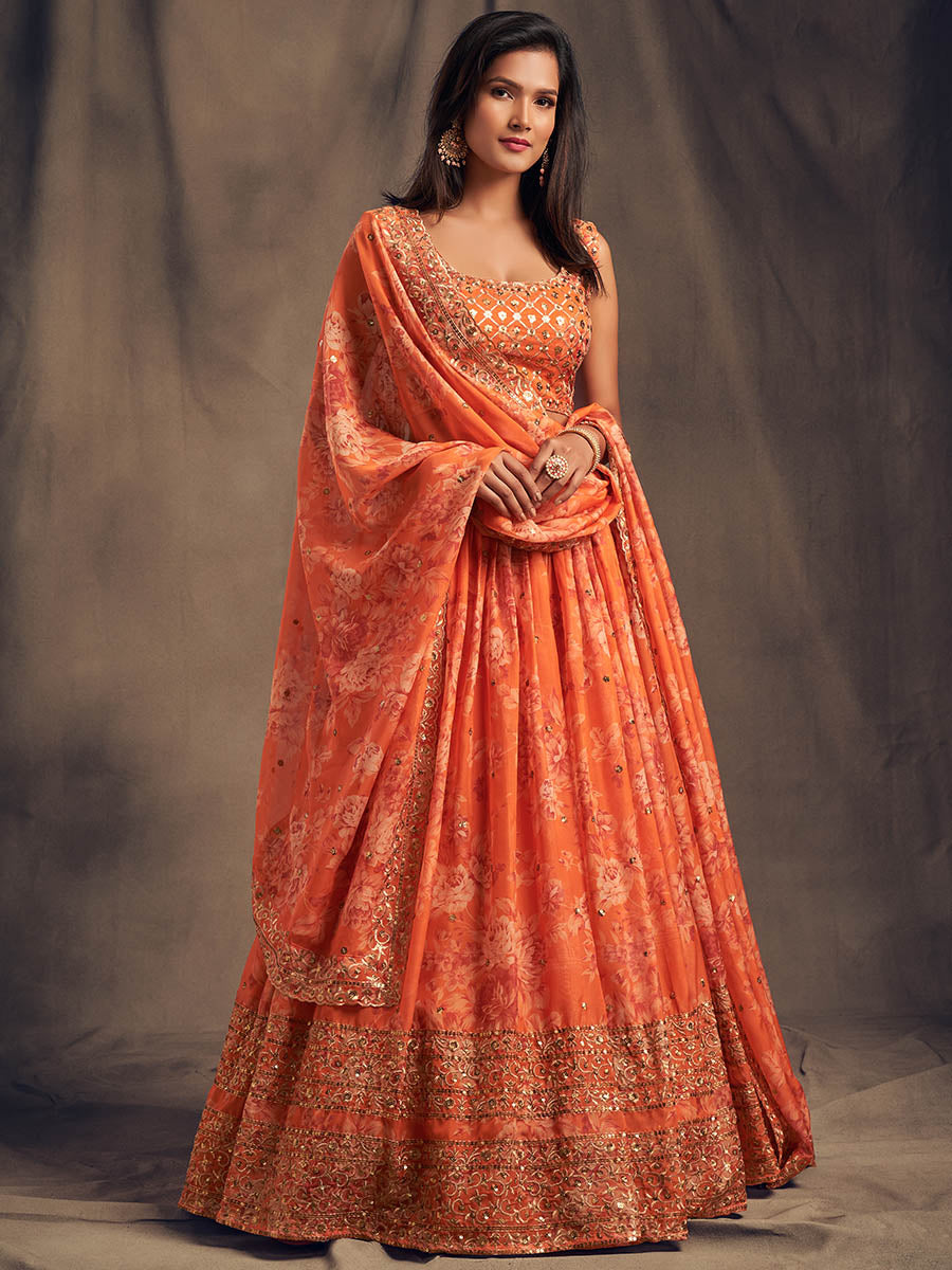 Myra Orange Organza Silk Embroidered Lehenga - Distacart