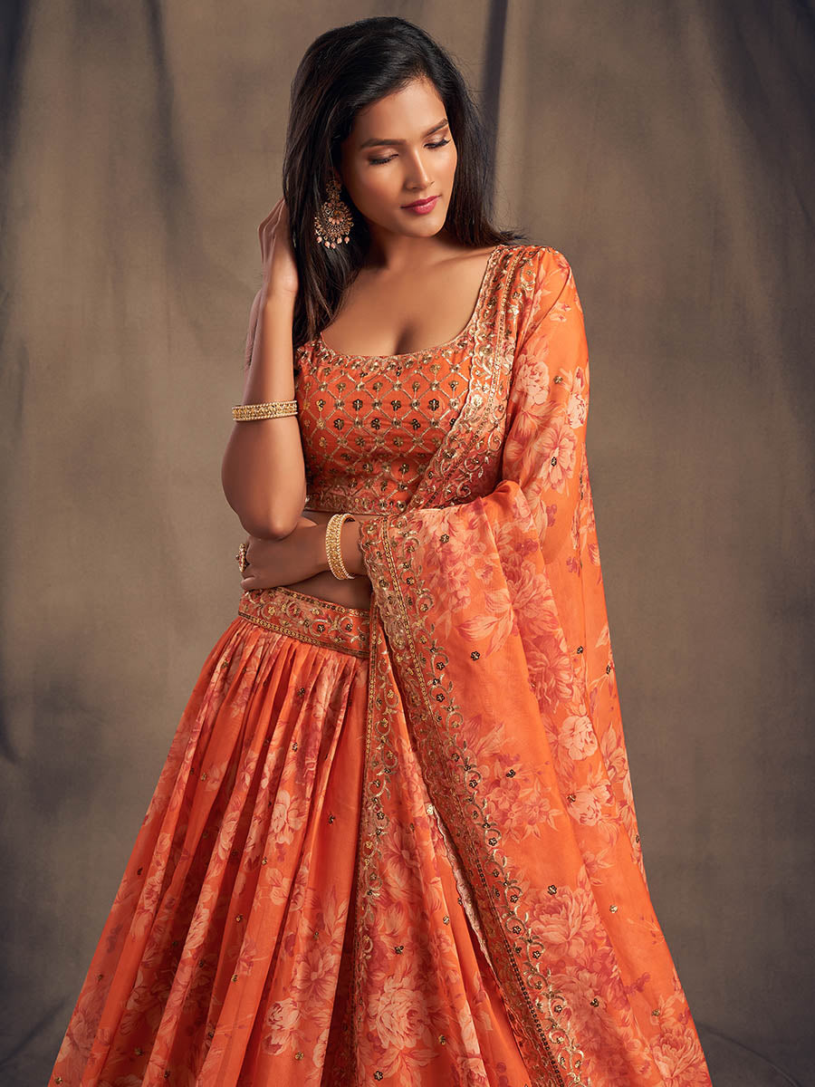 Myra Orange Organza Silk Embroidered Lehenga - Distacart