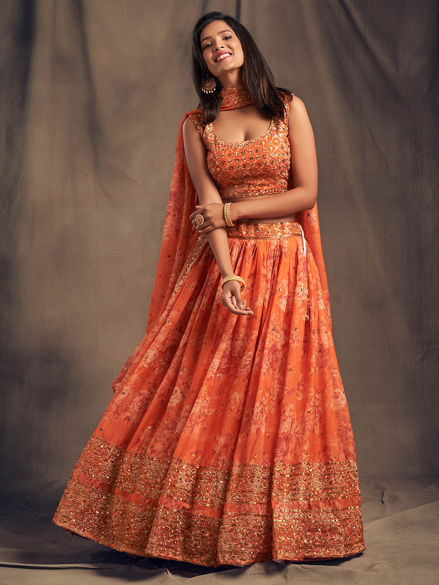 Myra Orange Organza Silk Embroidered Lehenga - Distacart
