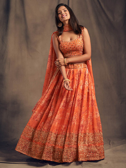 Myra Orange Organza Silk Embroidered Lehenga - Distacart