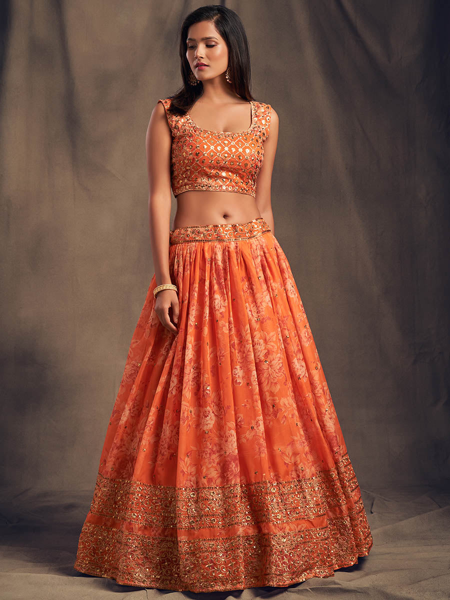 Myra Orange Organza Silk Embroidered Lehenga - Distacart