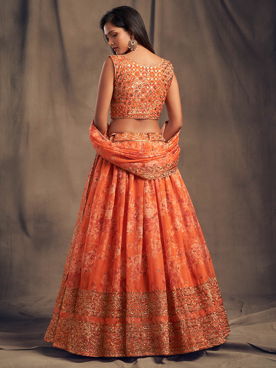 Myra Orange Organza Silk Embroidered Lehenga - Distacart