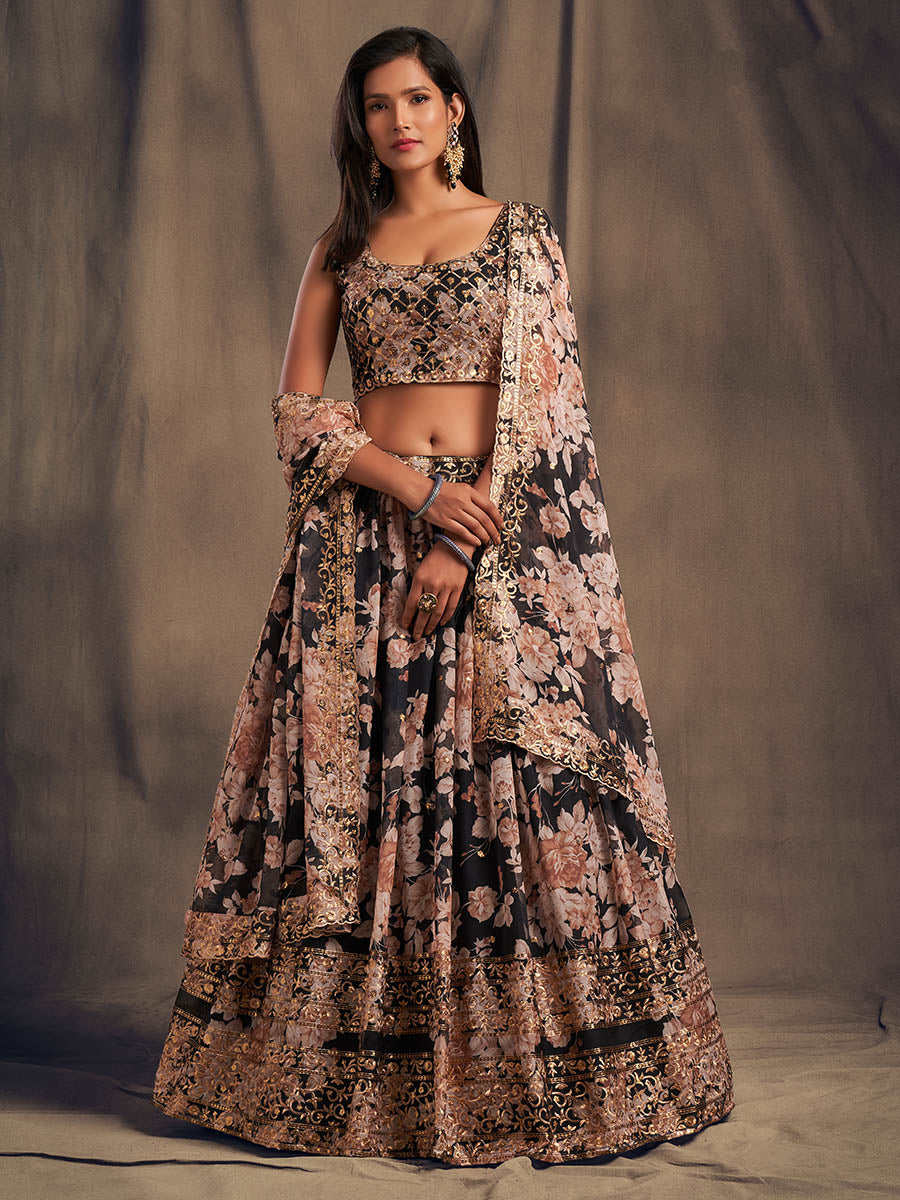 Myra Black Organza Silk Embroidered Lehenga - Distacart