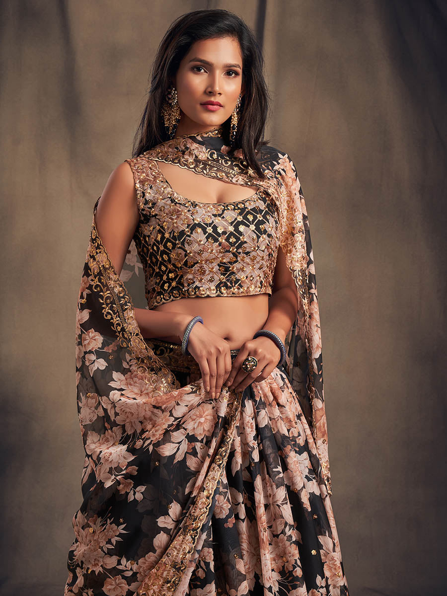 Myra Black Organza Silk Embroidered Lehenga - Distacart