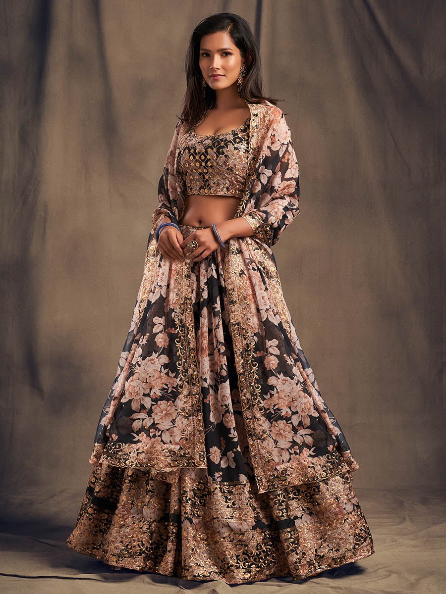 Myra Black Organza Silk Embroidered Lehenga - Distacart