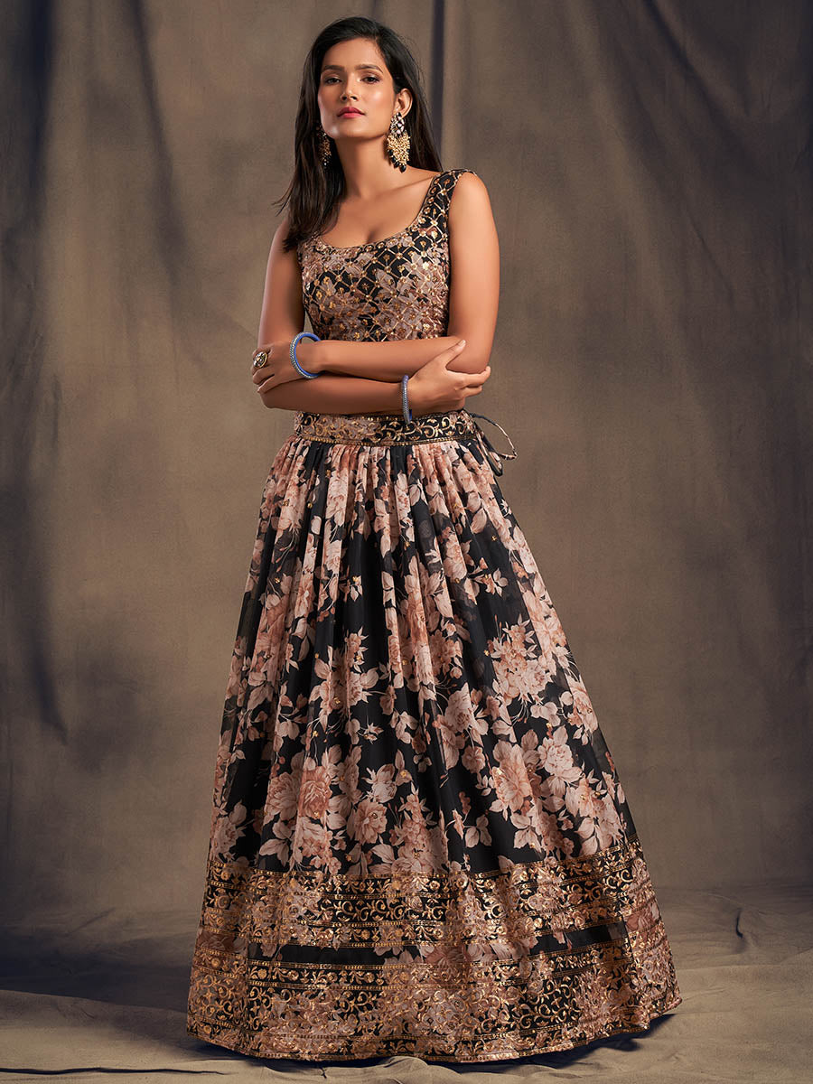 Myra Black Organza Silk Embroidered Lehenga - Distacart