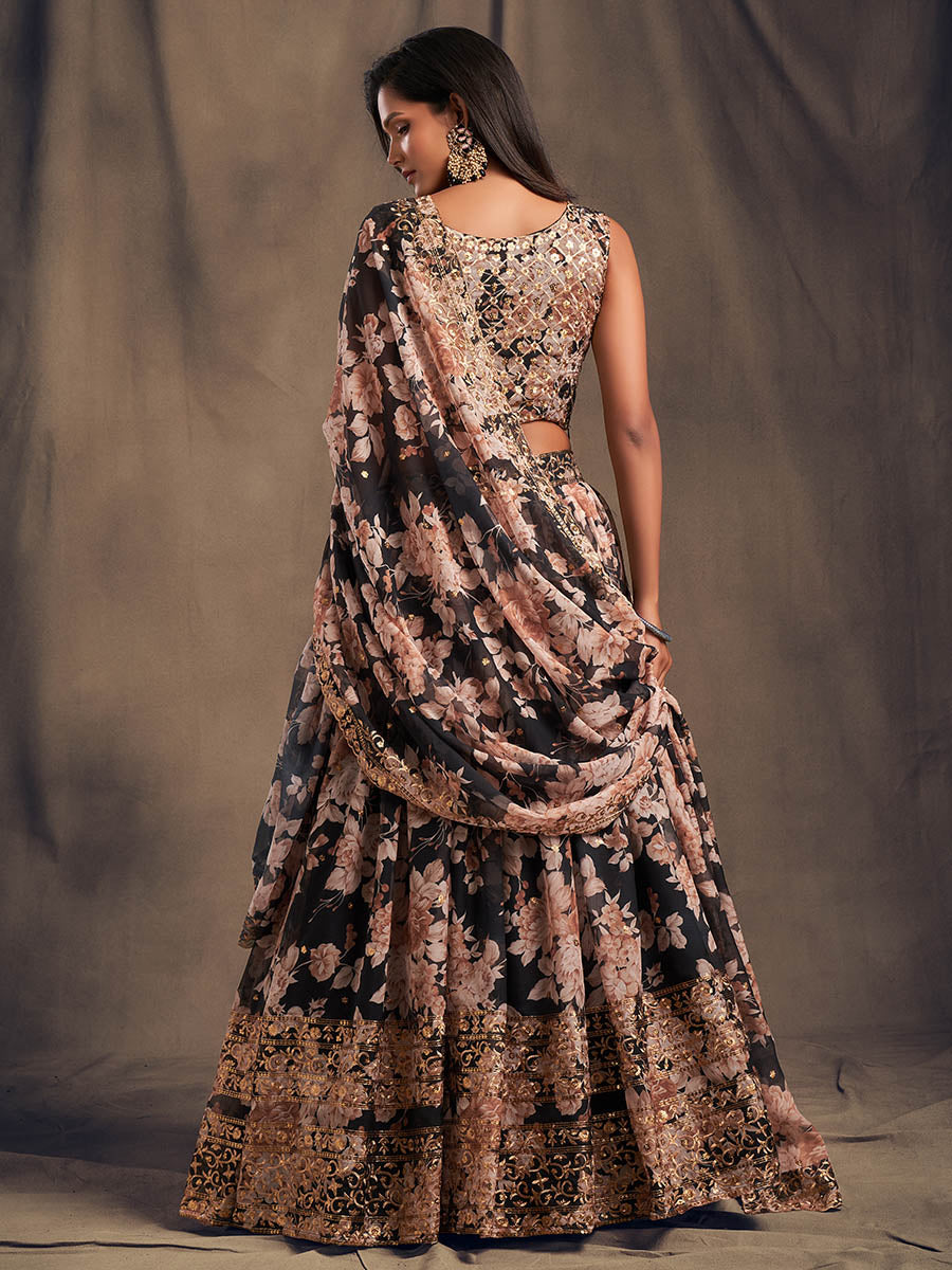 Myra Black Organza Silk Embroidered Lehenga - Distacart