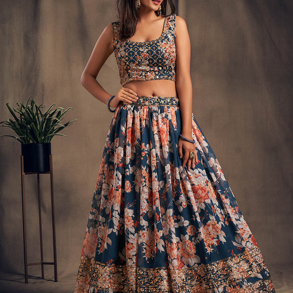 Myra Dove Blue Organza Silk Embroidered Lehenga - Distacart