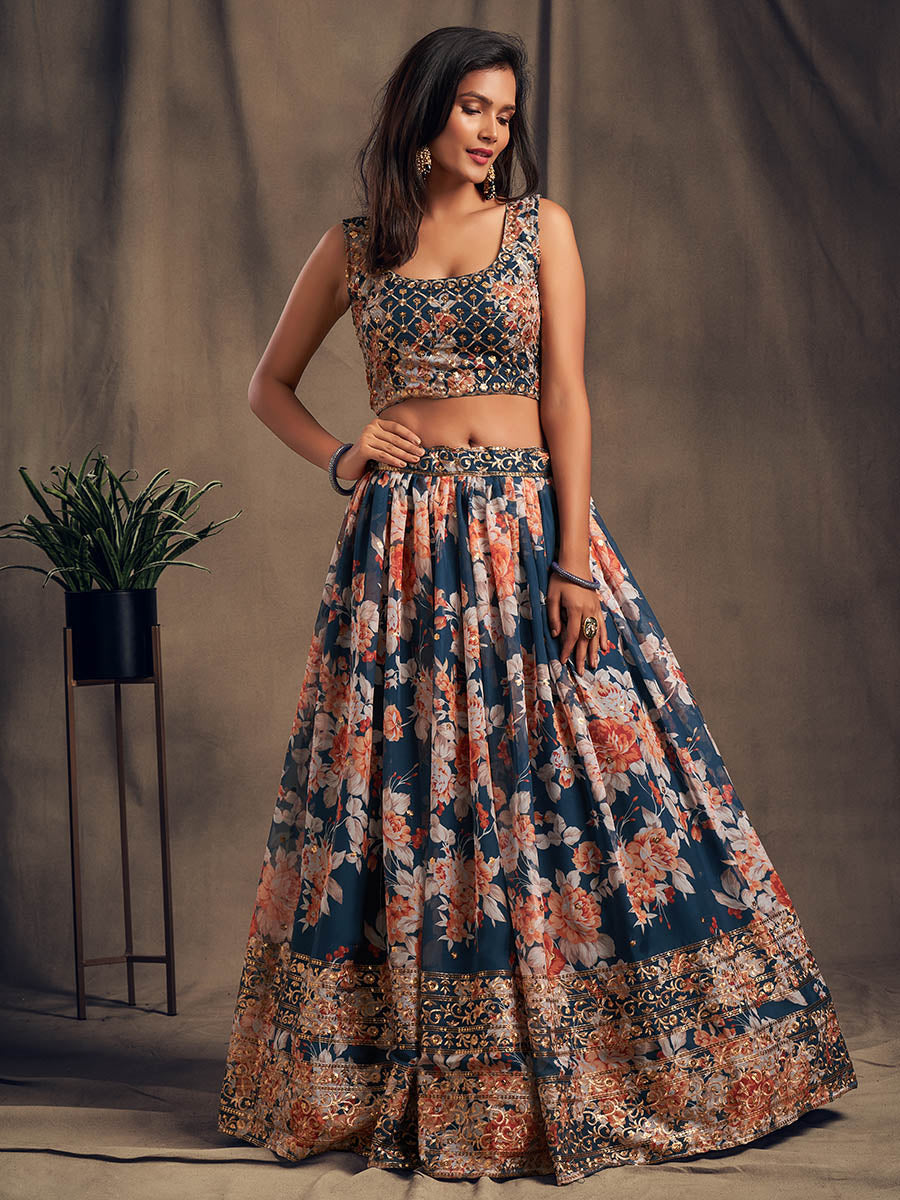 Myra Dove Blue Organza Silk Embroidered Lehenga - Distacart