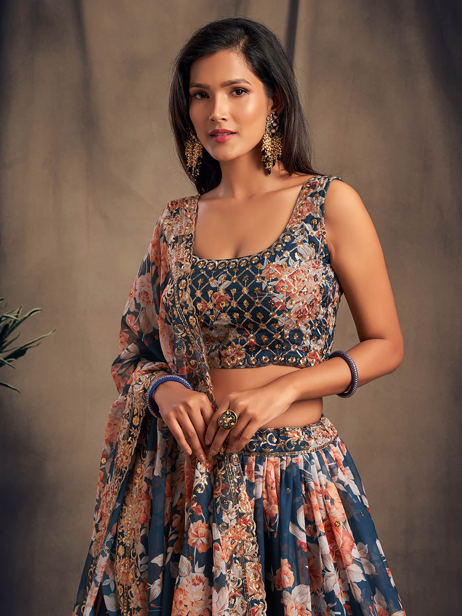 Myra Dove Blue Organza Silk Embroidered Lehenga - Distacart