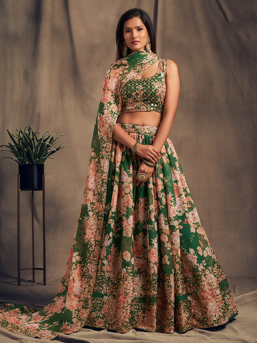Myra Green Organza Silk Embroidered Lehenga - Distacart