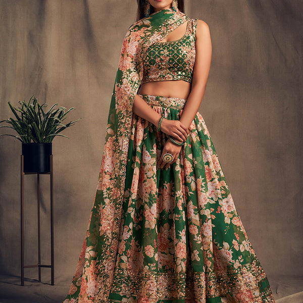 Myra Green Organza Silk Embroidered Lehenga - Distacart