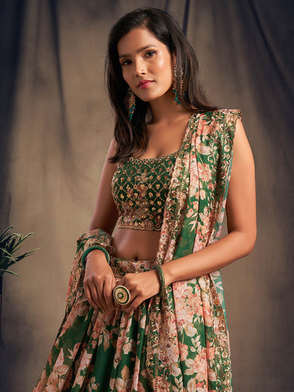 Myra Green Organza Silk Embroidered Lehenga - Distacart