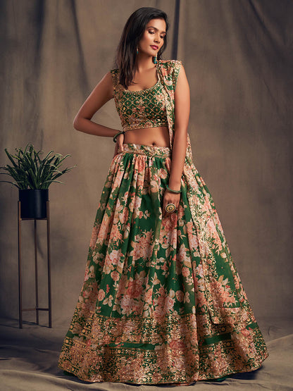 Myra Green Organza Silk Embroidered Lehenga - Distacart
