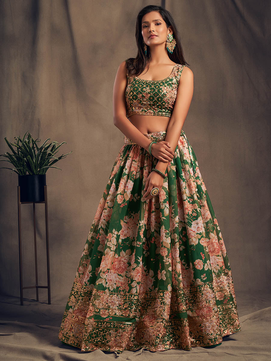 Myra Green Organza Silk Embroidered Lehenga - Distacart