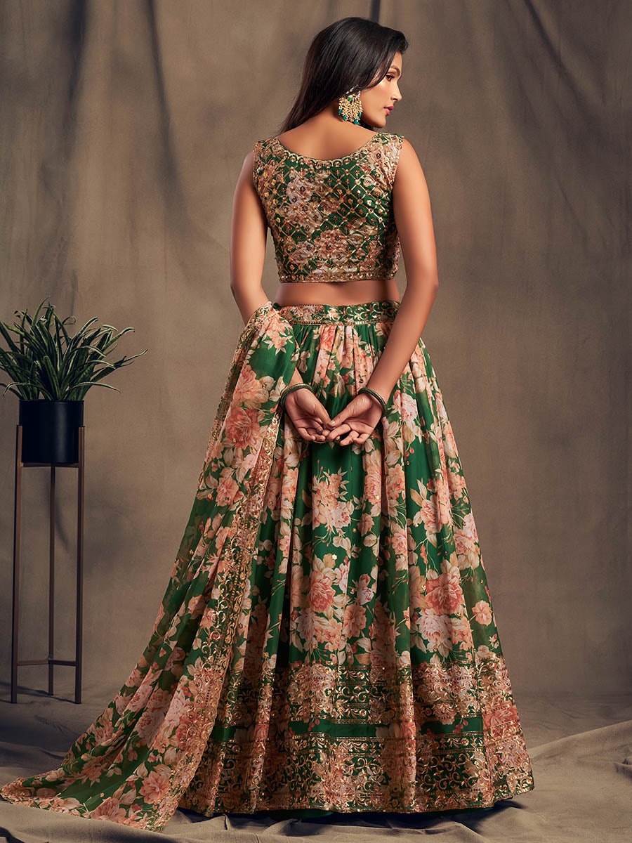 Myra Green Organza Silk Embroidered Lehenga - Distacart