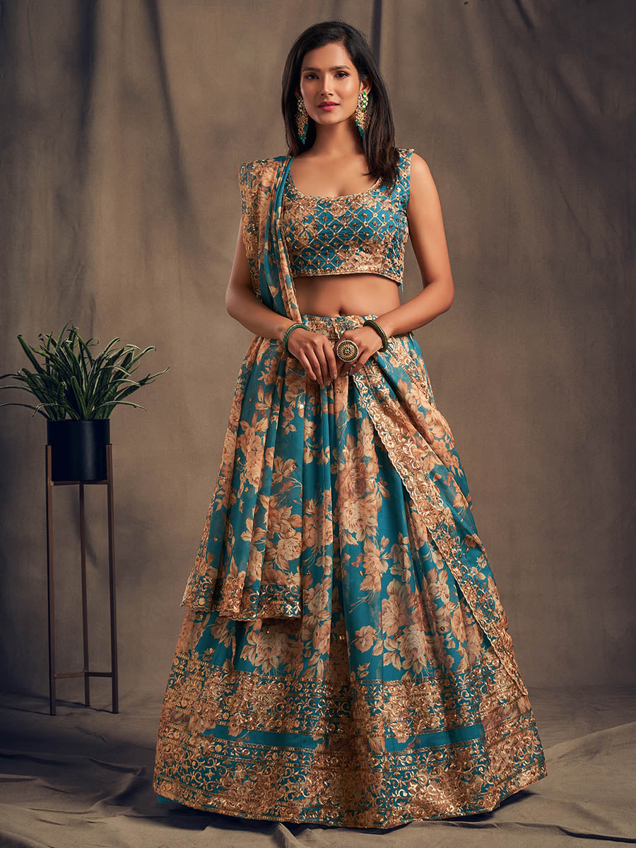 Myra Teal Blue Organza Silk Embroidered Lehenga - Distacart