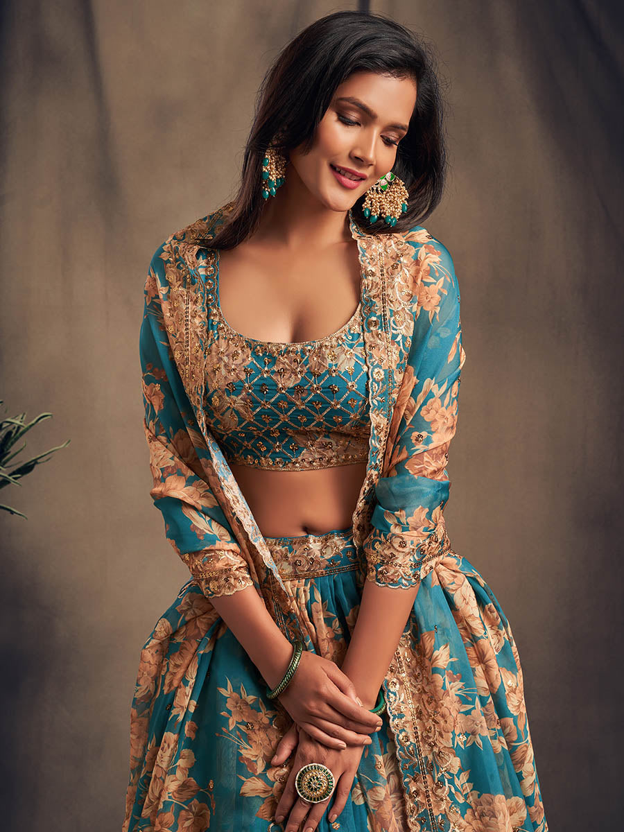 Myra Teal Blue Organza Silk Embroidered Lehenga - Distacart