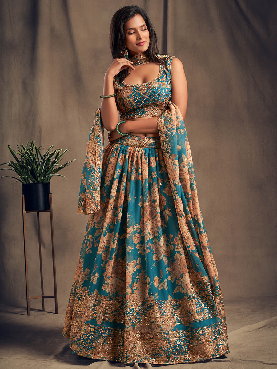 Myra Teal Blue Organza Silk Embroidered Lehenga - Distacart