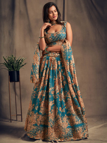 Myra Teal Blue Organza Silk Embroidered Lehenga - Distacart