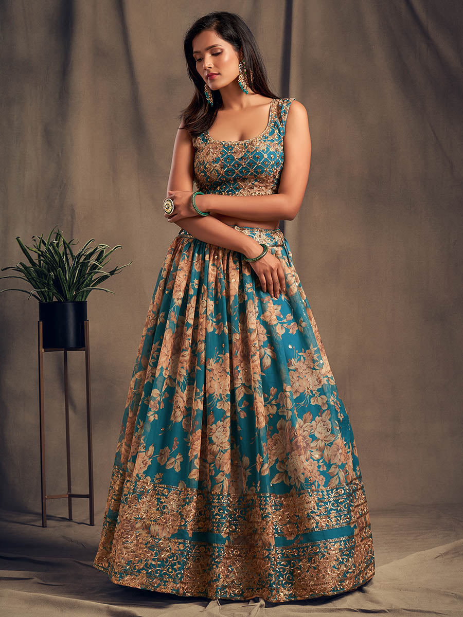 Myra Teal Blue Organza Silk Embroidered Lehenga - Distacart
