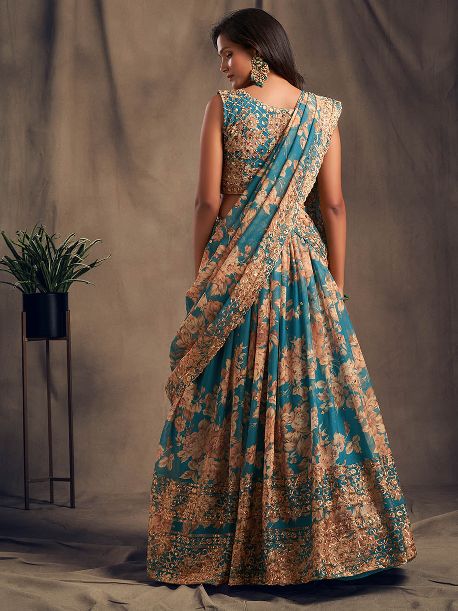 Myra Teal Blue Organza Silk Embroidered Lehenga - Distacart