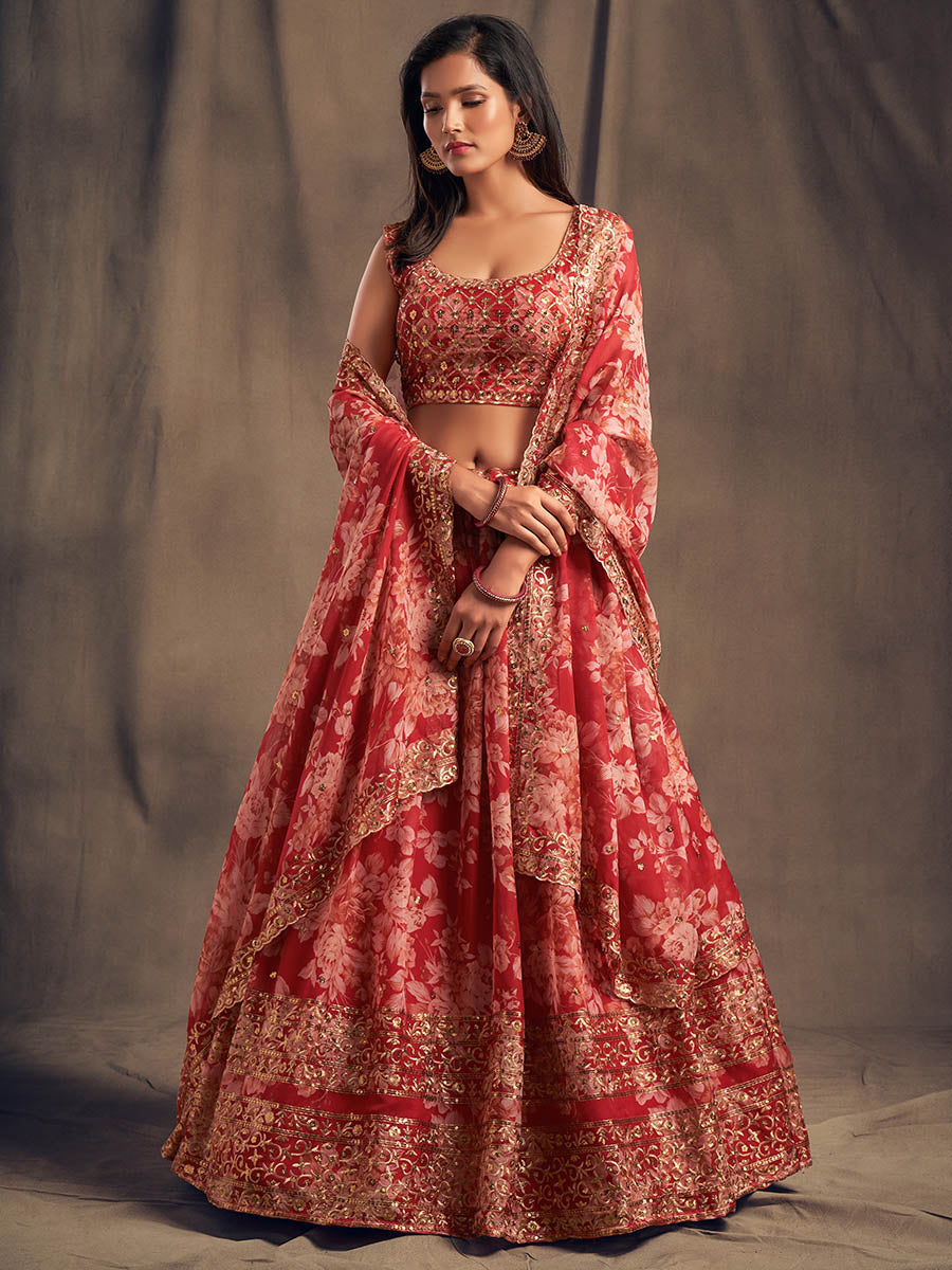 Myra Red Organza Silk Embroidered Lehenga - Distacart