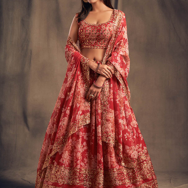 Myra Red Organza Silk Embroidered Lehenga - Distacart