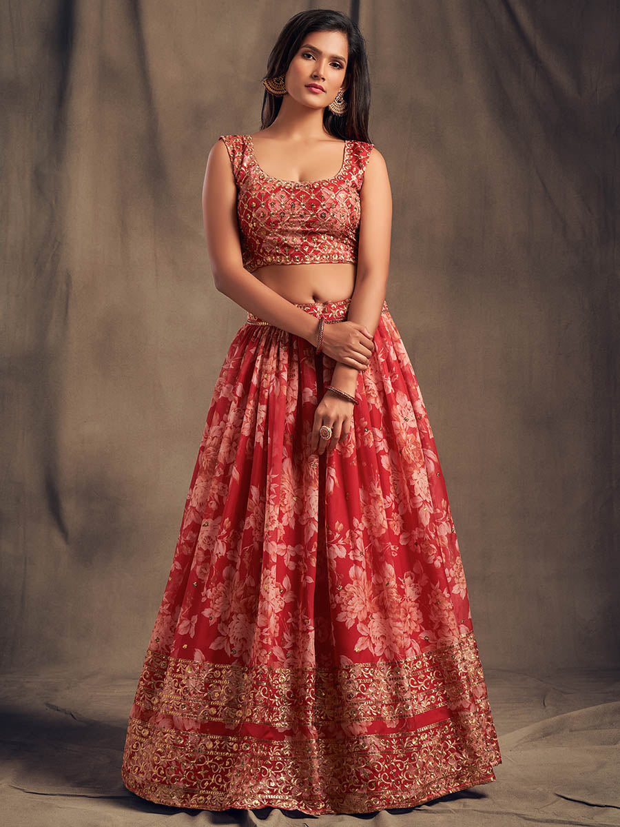 Myra Red Organza Silk Embroidered Lehenga - Distacart