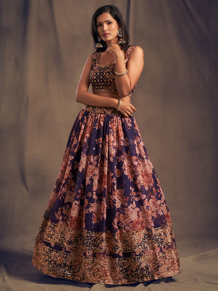 Myra Purple Organza Silk Embroidered Lehenga - Distacart