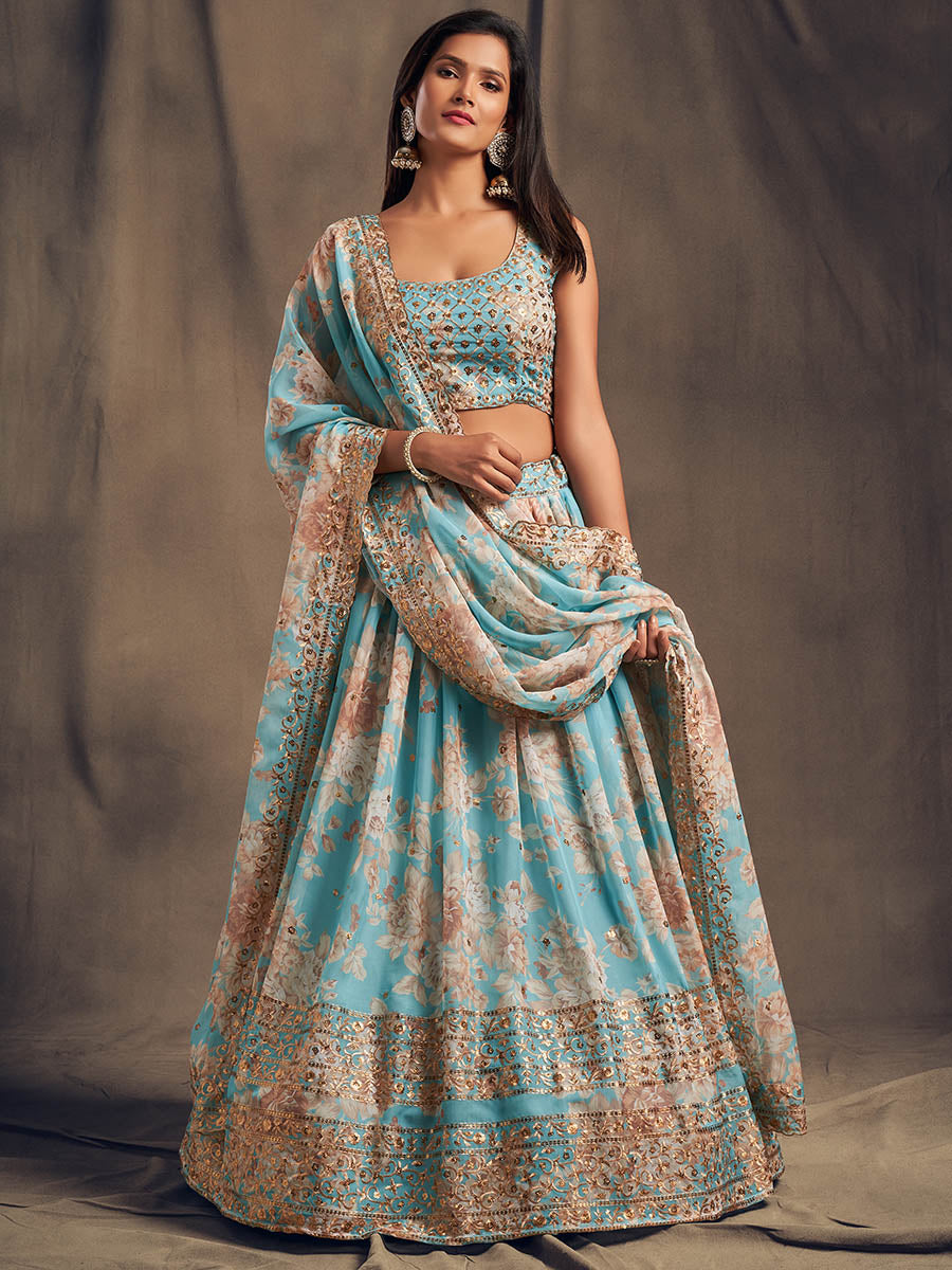 Myra Sky Blue Organza Silk Embroidered Lehenga - Distacart
