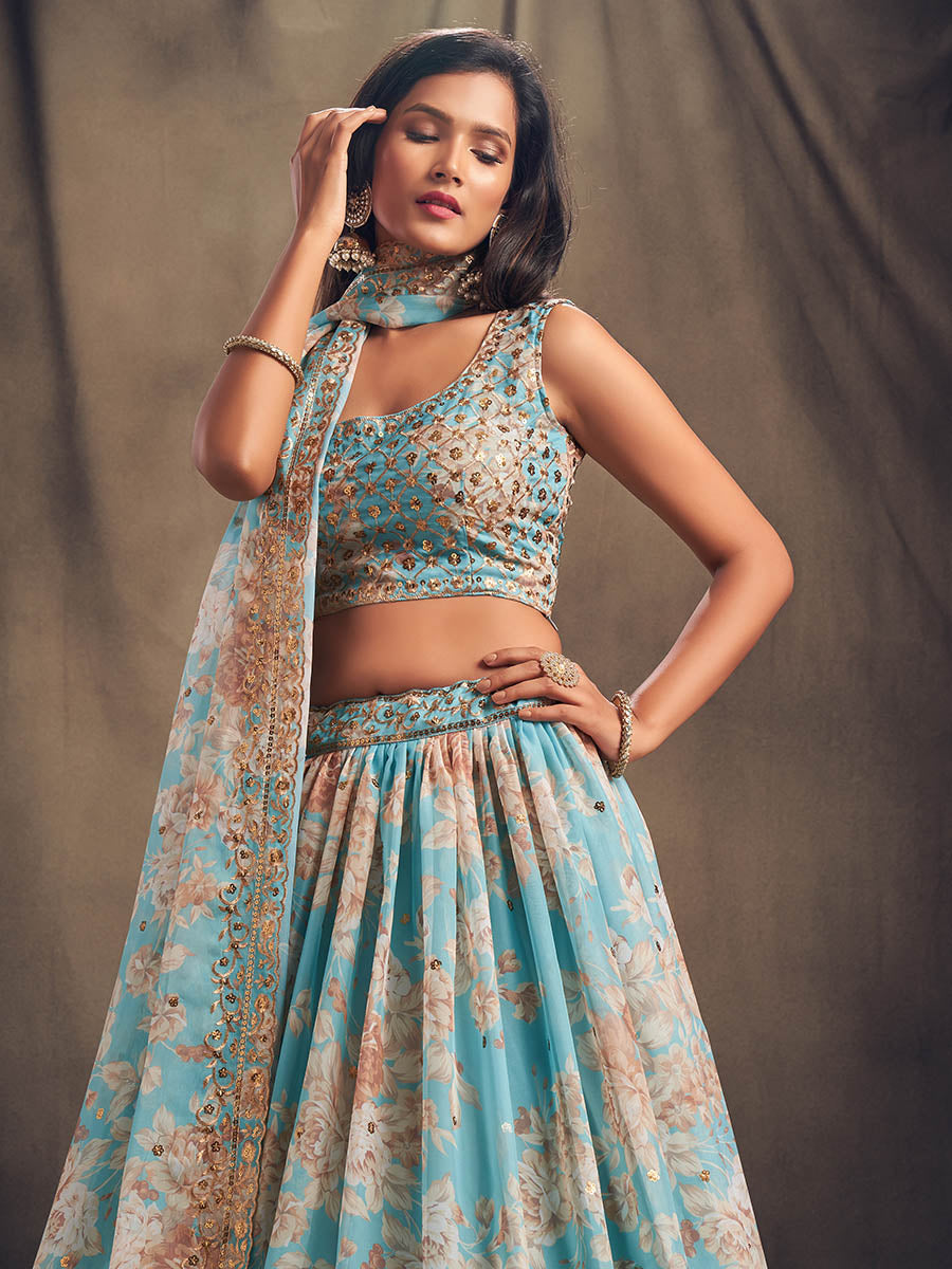 Myra Sky Blue Organza Silk Embroidered Lehenga - Distacart