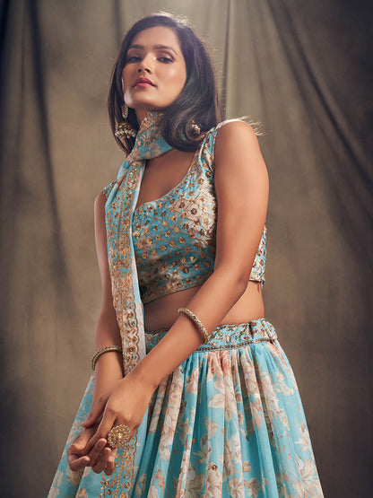 Myra Sky Blue Organza Silk Embroidered Lehenga - Distacart