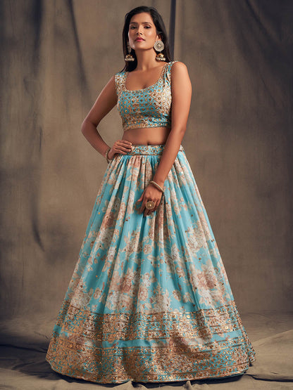 Myra Sky Blue Organza Silk Embroidered Lehenga - Distacart