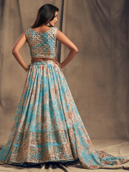 Myra Sky Blue Organza Silk Embroidered Lehenga - Distacart
