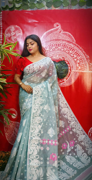 Exclusive Collection Handloom Dhakai Jamdani Saree - Sea green - Distacart